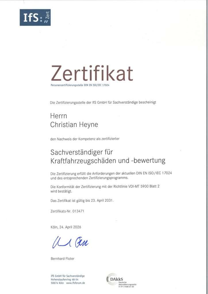 IFS Zertifikat Sachverständiger für Kraftfahrzeugschäden und -bewertung